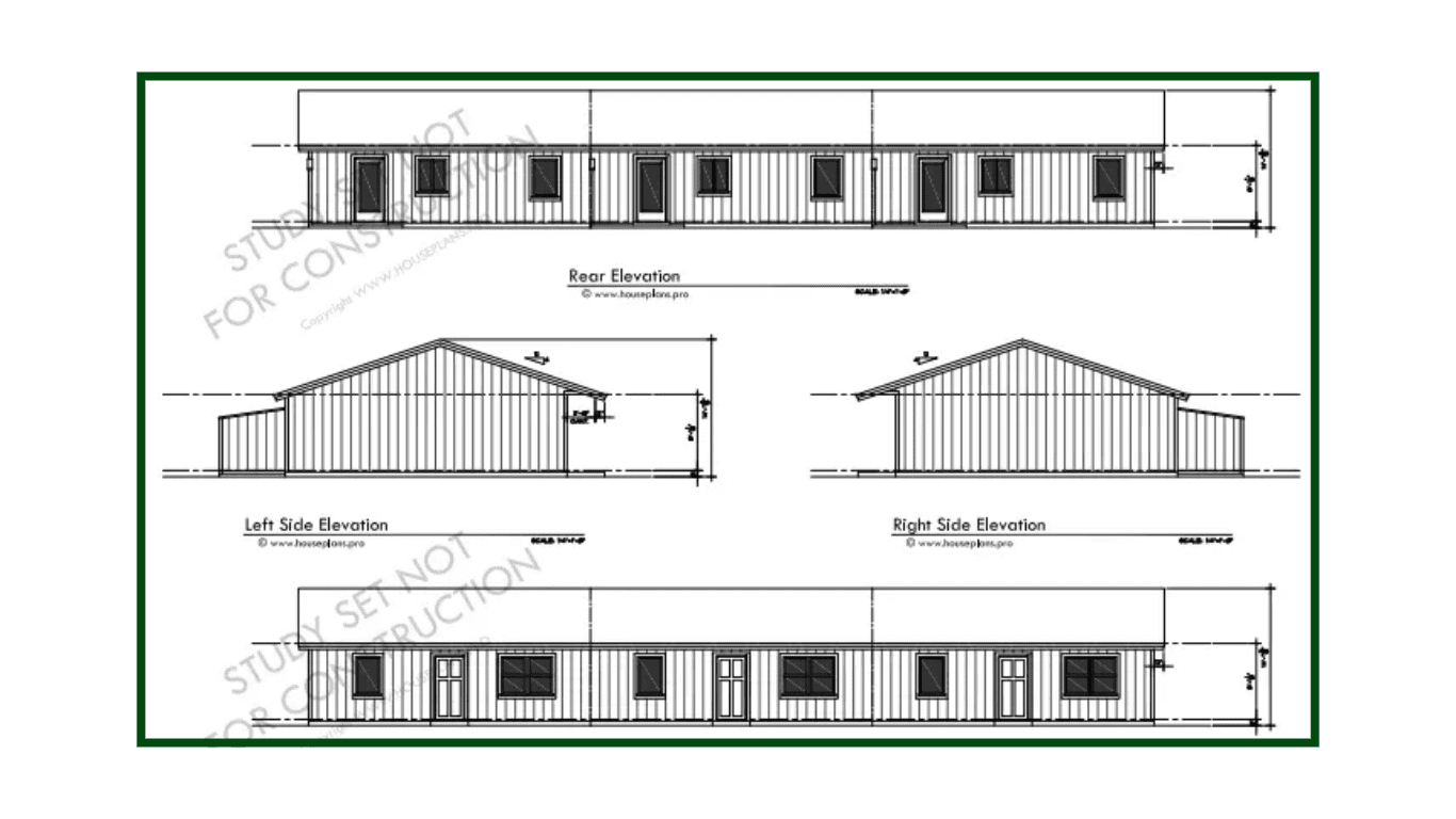 A drawing of the front and side elevations of a building.